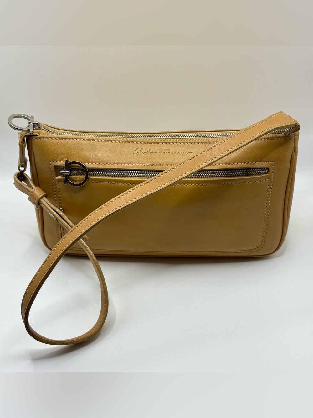 Vintage Salvatore Ferragamo Tan Leather Pouchette Shoulder Bag